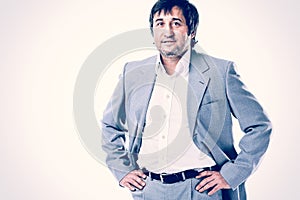 Portrait of happy smiling business man, isolated white background