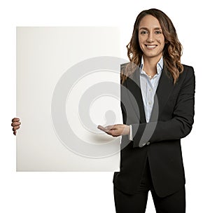 Portrait of a happy smiling business young woman showing a blank signboard