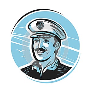 Portrait of happy smiling captain. Sailor, seafarer, seaman logo or label. Vector illustration