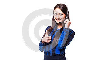 Portrait of happy smiling cheerful customer support phone operator in headset showing thumbs up gesture, isolated on white backgro