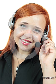 Portrait of happy smiling cheerful support phone operator in headset