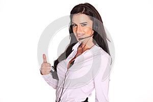 Portrait of happy smiling cheerful support phone operator in headset.