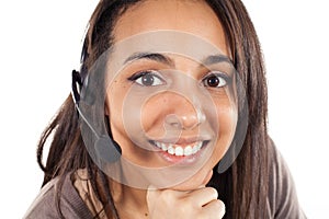 Portrait of happy smiling cheerful support phone operator