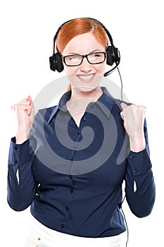 Portrait of happy smiling cheerful support phone operator