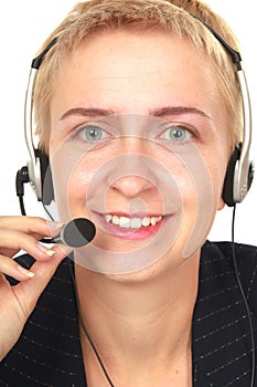 Portrait of happy smiling cheerful support phone operator in headset, isolated on white background