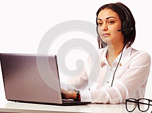 Portrait of happy smiling cheerful support phone operator in headset on white background