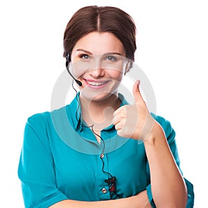 Portrait of happy smiling cheerful young support phone operator