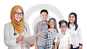 Portrait of happy smiling confidence female Asian muslim doctor with young family, healthcare and medical health insurance concept