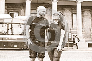 Portrait of happy smiling Couple at Bologna . Casual couple portrait outdoors, tourist in Italy Hly