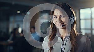 Portrait of happy smiling customer support phone operator in headset in office. Generative AI