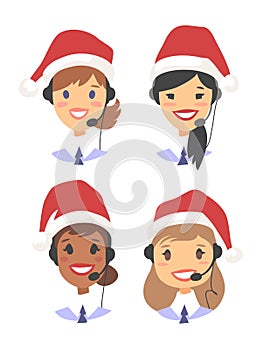 Portrait of happy smiling female customer support phone operator in Christmas hat. Callcenter worker with headset