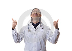 Portrait of happy smiling male man doctor isolated over white background.