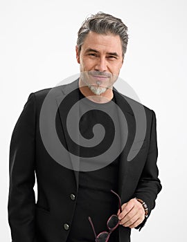 Portrait of happy smiling mid adult businessman on white