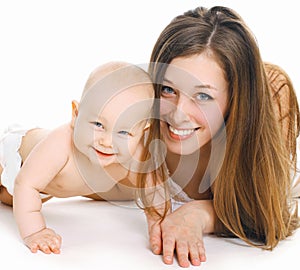 Portrait of happy smiling mother and baby playing together over white background