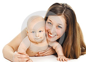 Portrait of happy smiling mother and baby playing together over white background