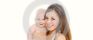 Portrait of happy smiling mother and baby playing together over white background