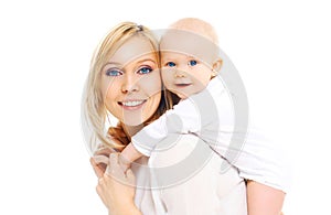 Portrait happy smiling mother with baby together on a white