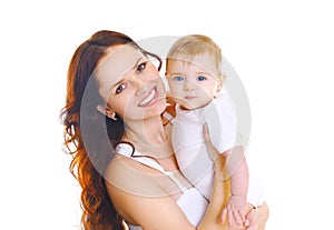Portrait happy smiling mother with baby on white background