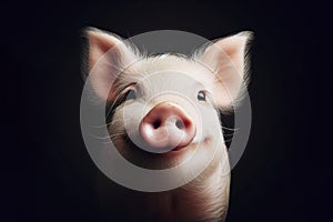 portrait of a happy smiling pig isolated with black background with copy space. ai generative