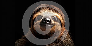 Portrait of a happy smiling sloth, photo studio set up with key light, isolated with black background and copy space. photo