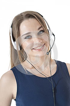 Portrait of a happy smiling support phone operator wearing a headset.