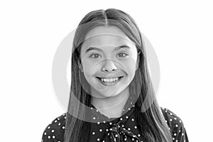 Portrait of happy smiling teenage child girl. Close-up portrait of girl teen face. Portrait of a cute teen child. Studio