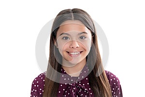 Portrait of happy smiling teenage child girl. Close up portrait of pretty teen girl. Latin or hispanic teenager child