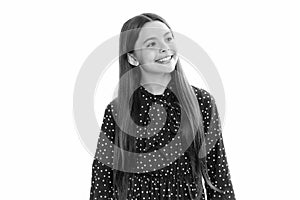 Portrait of happy smiling teenage child girl. Cute preteen girl head shot. Child portrait on white isolated background