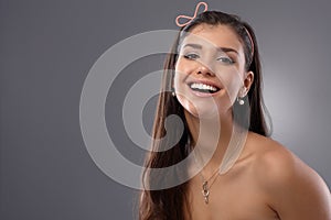 Portrait of happy smiling topless woman