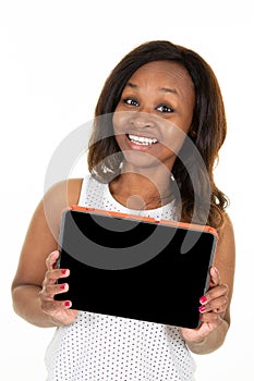 Portrait of happy smiling young american african woman showing at blank screen mobile phone isolated white background