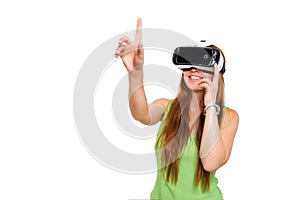 Portrait of happy smiling young beautiful girl getting experience using VR-headset glasses of virtual reality isolated