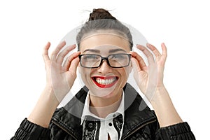 Portrait of happy smiling young cheerful businesswoman in glasses, isolated over white background