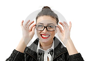 Portrait of happy smiling young cheerful businesswoman in glasses, isolated over white background