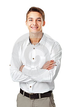 Portrait of happy smiling young man wearing a white shirt standing