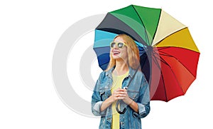 Portrait of happy smiling young woman with colorful umbrella isolated on white background