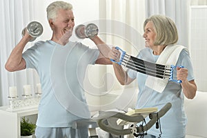 Portrait of happy sporty senior couple exercising