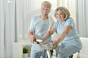 Portrait of happy sporty senior couple exercising