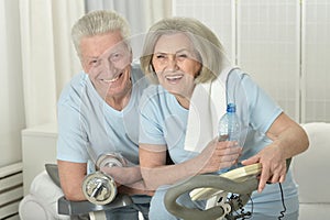 Portrait of happy sporty senior couple exercising