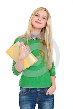 Portrait of happy student girl with books