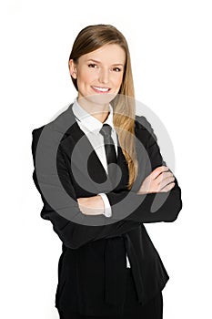 Portrait of a happy and successful middle aged female business executive with crossed arms against white background of woman or