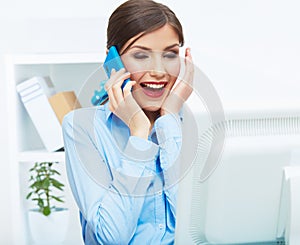Portrait of happy surprised business woman on phone in white of