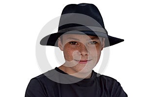 Teenage boy wearing  black fedora hat