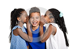 Portrait of happy three black childrens, white background