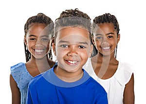 Portrait of happy three black childrens, white background