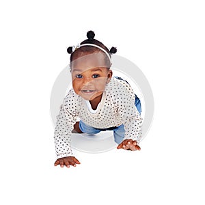 Portrait, happy or toddler to explore by crawling as child development on mockup on white background. Baby, girl or