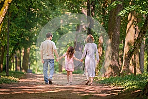 Portrait of a happy traditional family on a walk in summer park, view from back without face