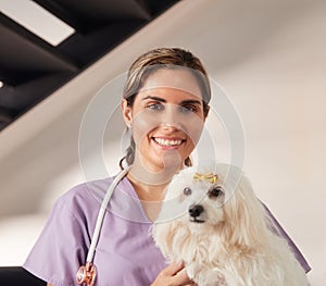 Portrait Of Happy Vet Smiling At Camera With Dog