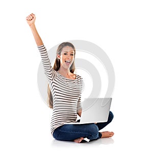 Portrait, happy and woman celebrate on laptop for good news, success or goal in studio isolated on a white background