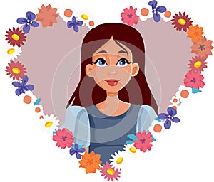 Portrait of a Happy Woman in a Floral Heart Vector Illustration