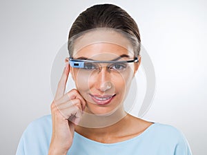 Portrait, happy woman and futuristic glasses for augmented reality, vision or metaverse online. Face, cyber eyewear and